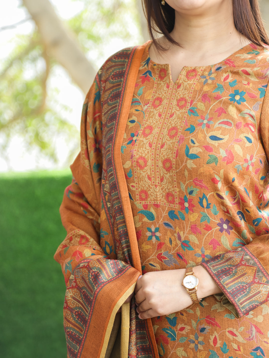 Pratiksha Canary Yellow Round Neck Kashmiri Kanni Print Semi Pashmina 3 Piece Set