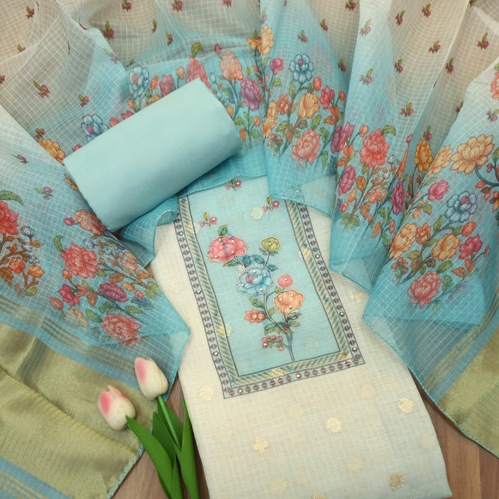 Ravaya White with Blue Floral Print Yoke Kota Doriya Set
