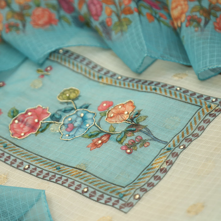 Ravaya White with Blue Floral Print Yoke Kota Doriya Set