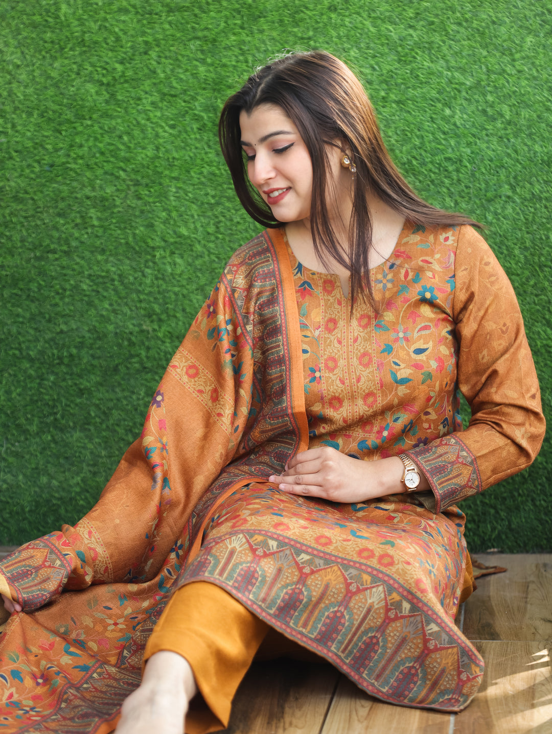 Pratiksha Canary Yellow Round Neck Kashmiri Kanni Print Semi Pashmina 3 Piece Set