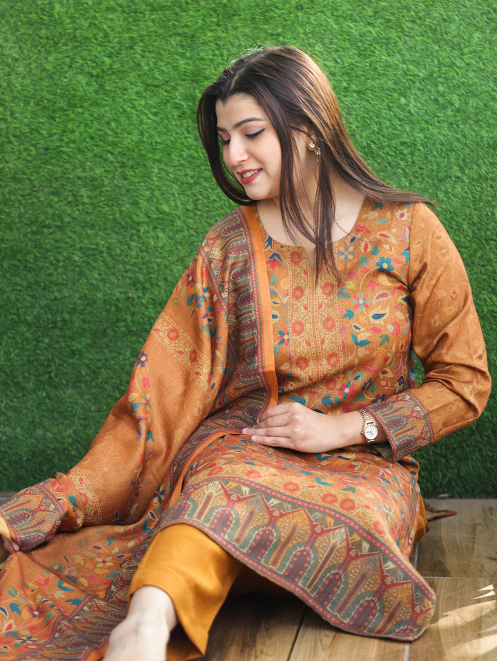 Pratiksha Canary Yellow Round Neck Kashmiri Kanni Print Semi Pashmina 3 Piece Set