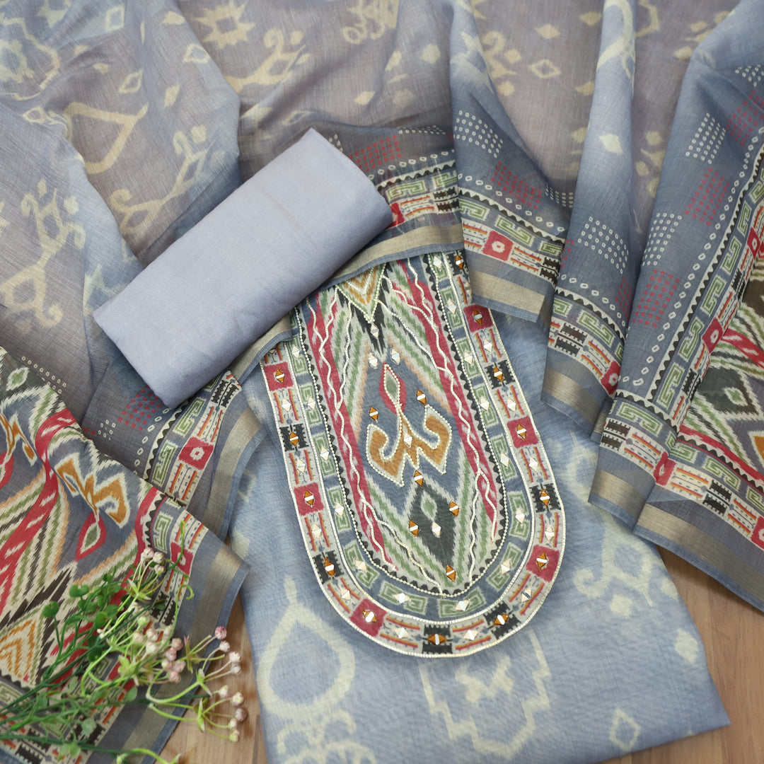 Mahima Slate Grey Digital Printed Mul Chanderi Set