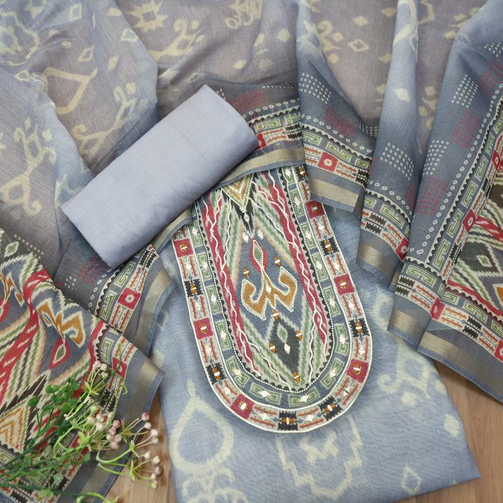 Mahima Slate Grey Digital Printed Mul Chanderi Set