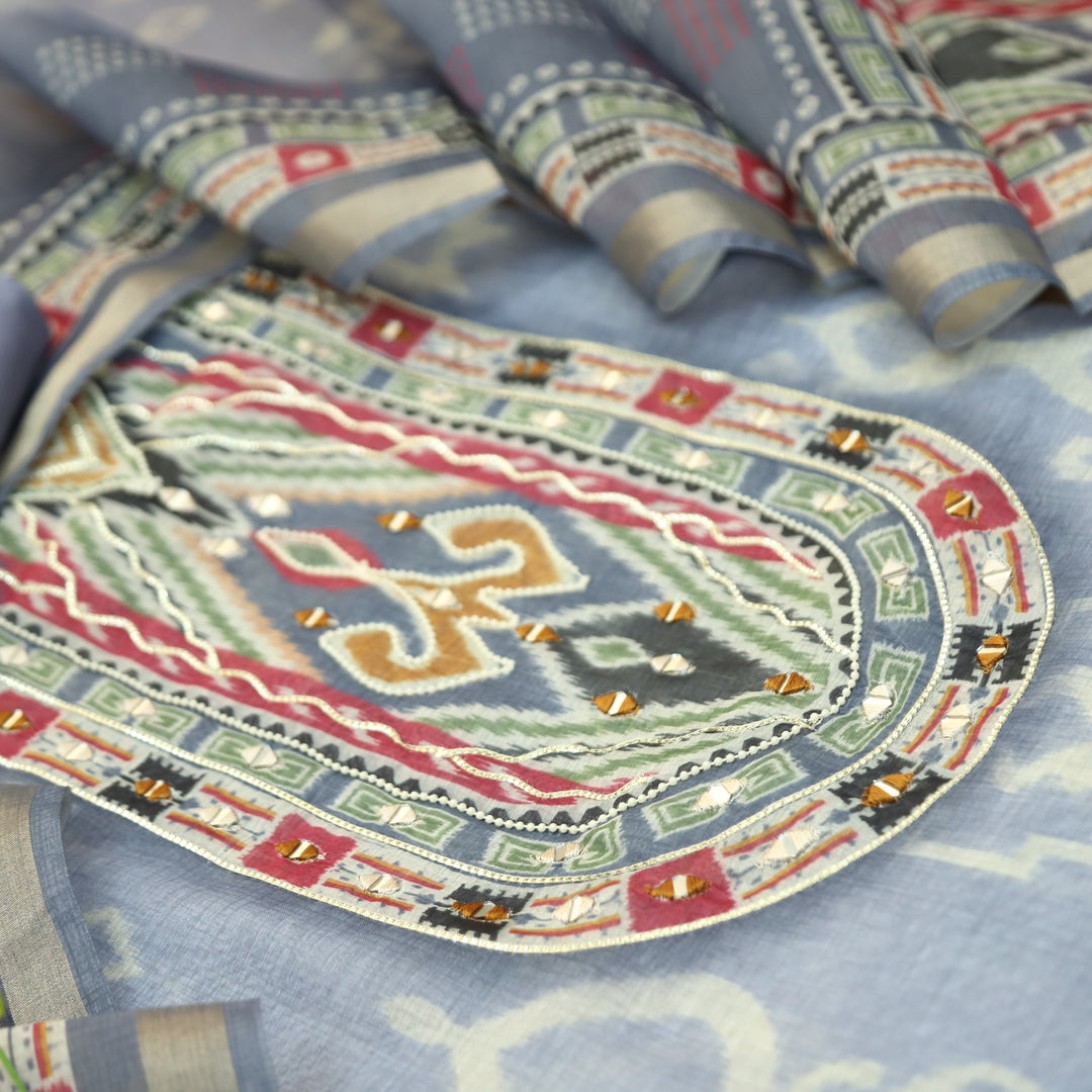 Mahima Slate Grey Digital Printed Mul Chanderi Set