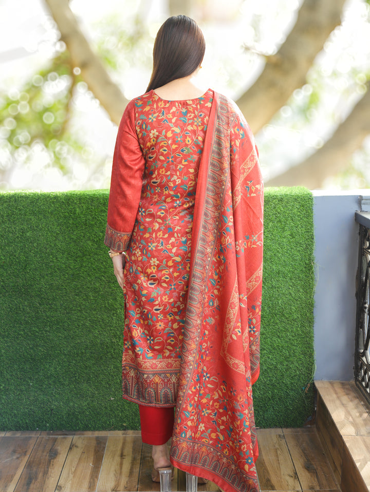 Pratiksha Tomato Red Round Neck Kashmiri Kanni Print Semi Pashmina 3 Piece Set