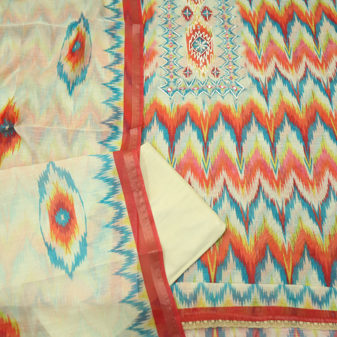 Mahima Cream Whte Digital Zig-Zag Printed Mul Chanderi Set