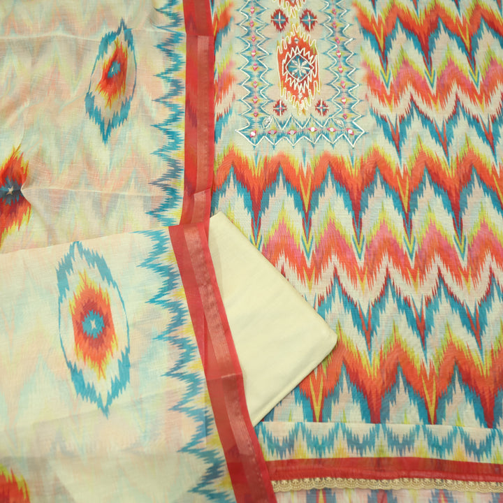 Mahima Cream Whte Digital Zig-Zag Printed Mul Chanderi Set