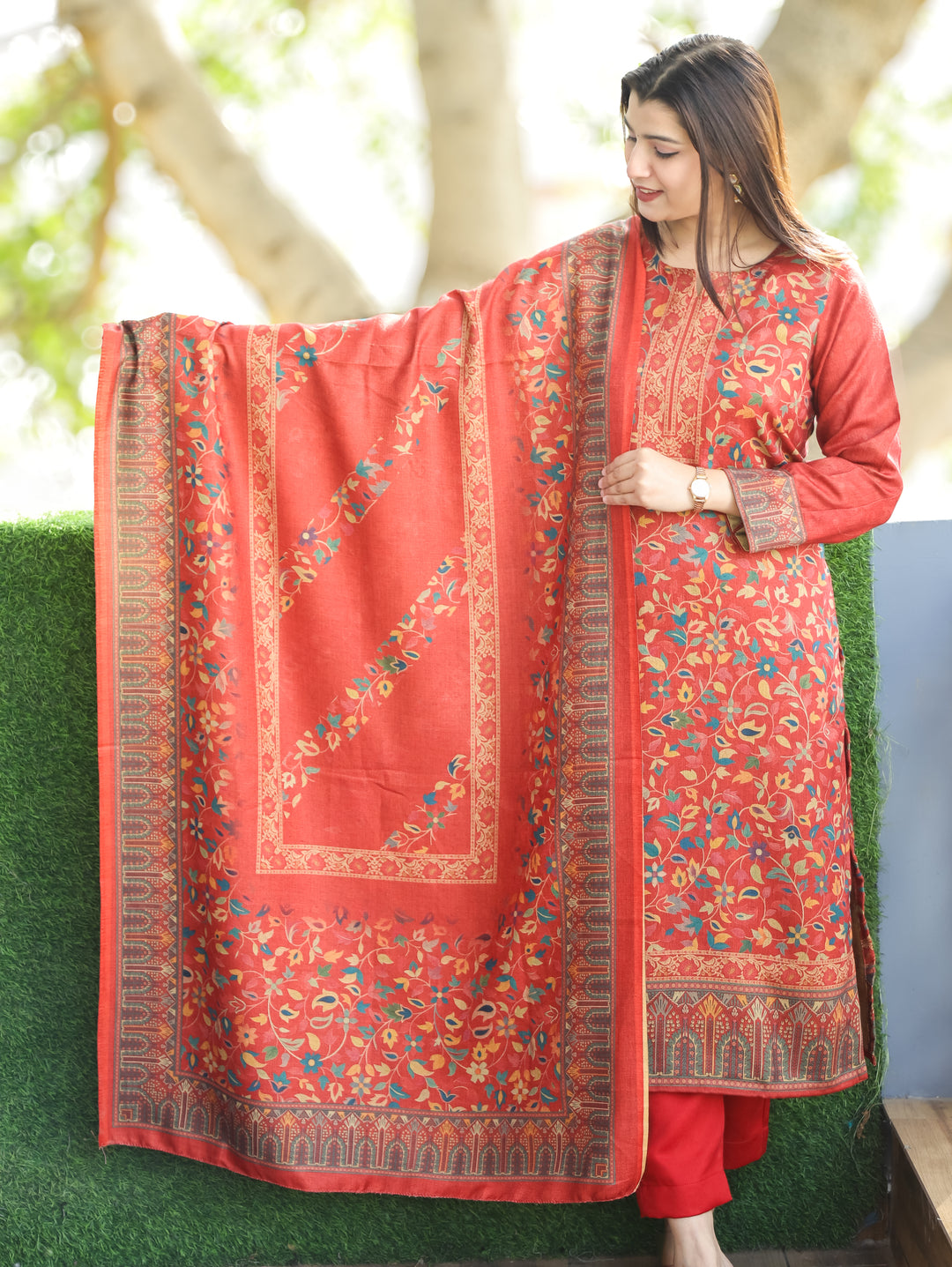 Pratiksha Tomato Red Round Neck Kashmiri Kanni Print Semi Pashmina 3 Piece Set