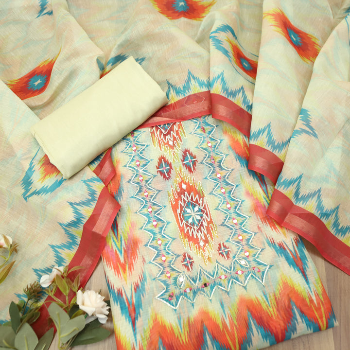 Mahima Cream Whte Digital Zig-Zag Printed Mul Chanderi Set