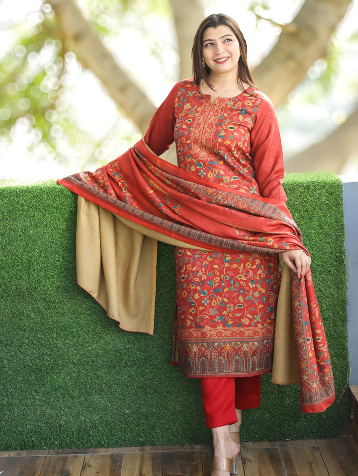 Pratiksha Tomato Red Round Neck Kashmiri Kanni Print Semi Pashmina 3 Piece Set