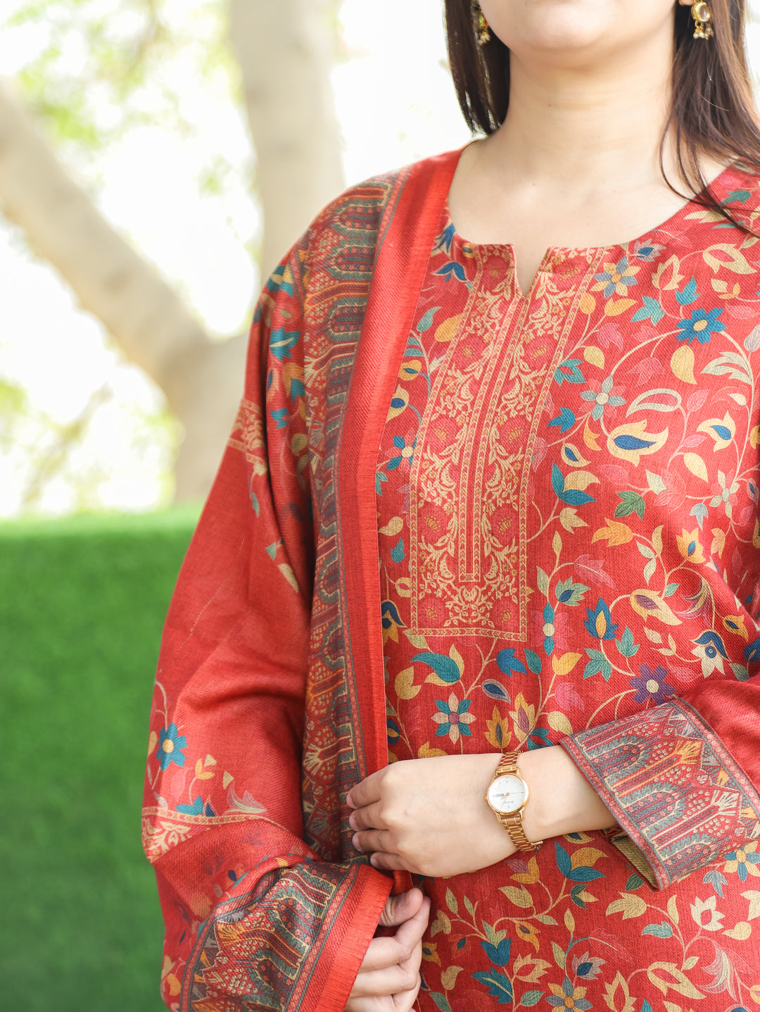 Pratiksha Tomato Red Round Neck Kashmiri Kanni Print Semi Pashmina 3 Piece Set