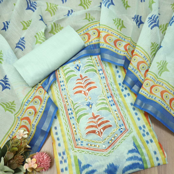 Mahima Powder Blue Digital Printed Mul Chanderi Set