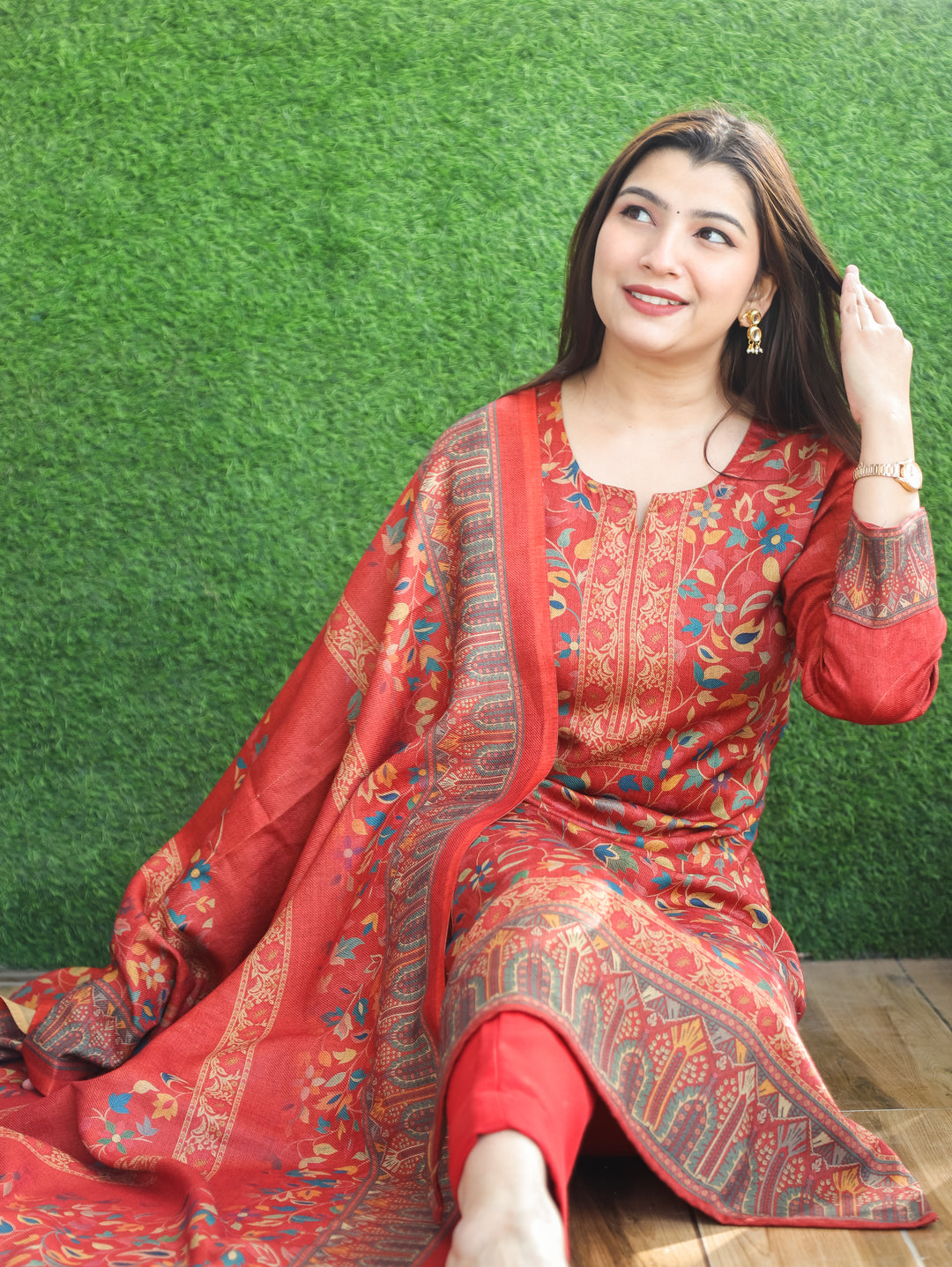 Pratiksha Tomato Red Round Neck Kashmiri Kanni Print Semi Pashmina 3 Piece Set