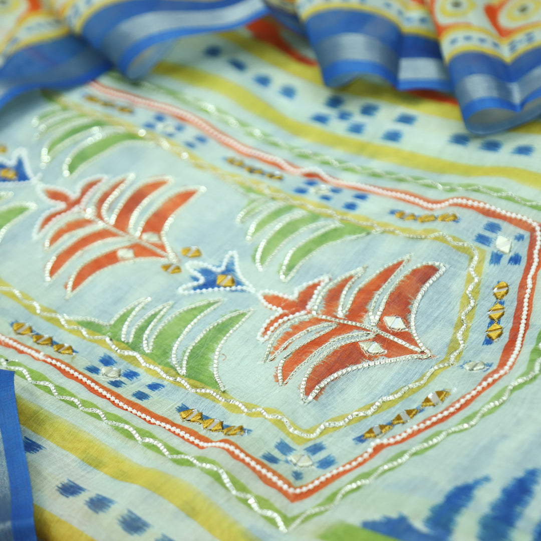 Mahima Powder Blue Digital Printed Mul Chanderi Set