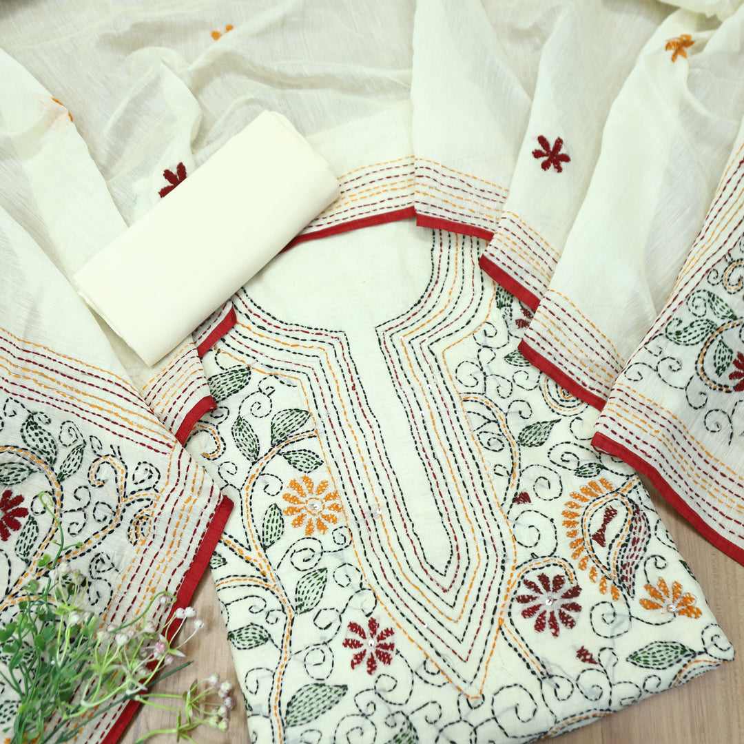 Avantika White with Multicolor Kolkata Hand Embroidered Chanderi Set D1