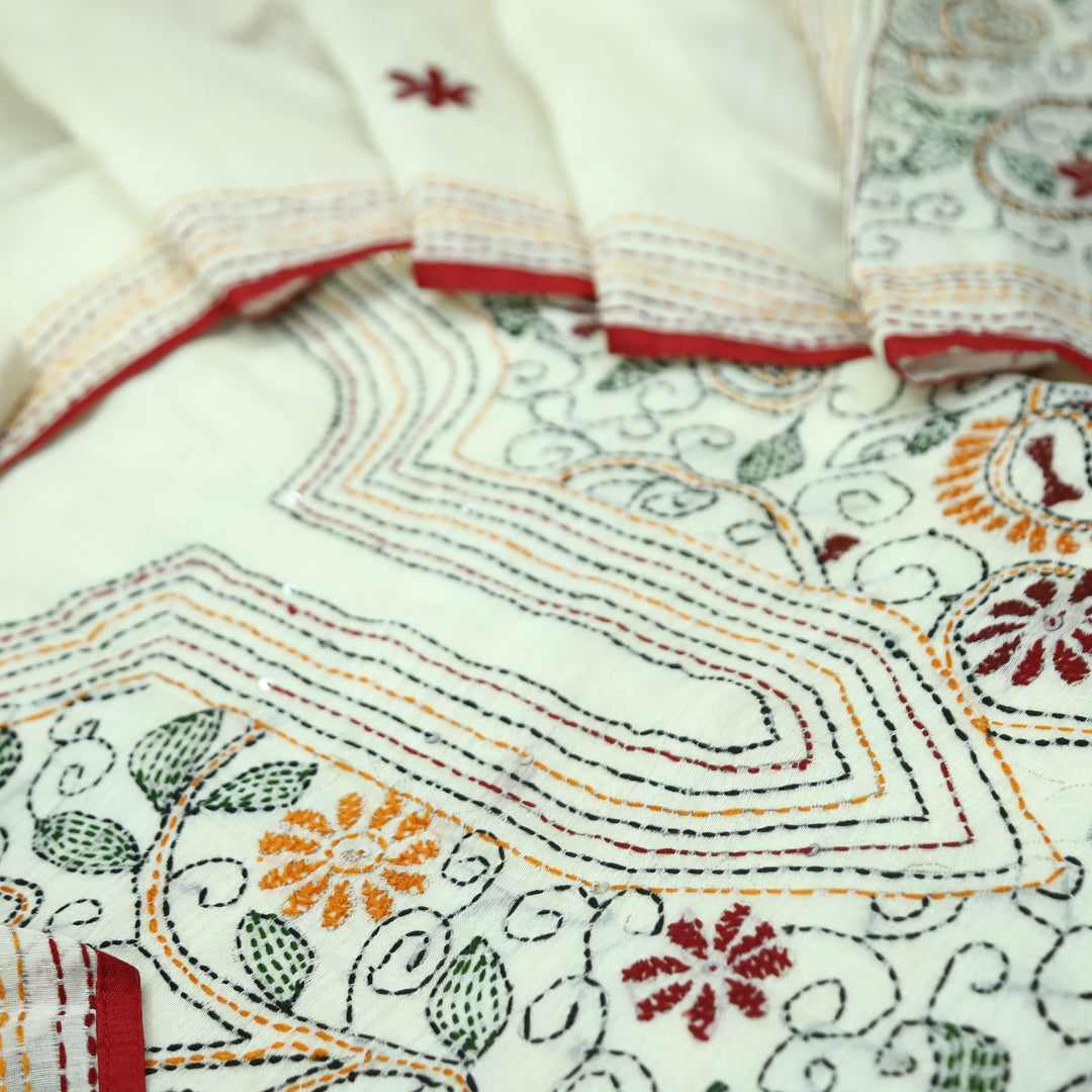Avantika White with Multicolor Kolkata Hand Embroidered Chanderi Set D1