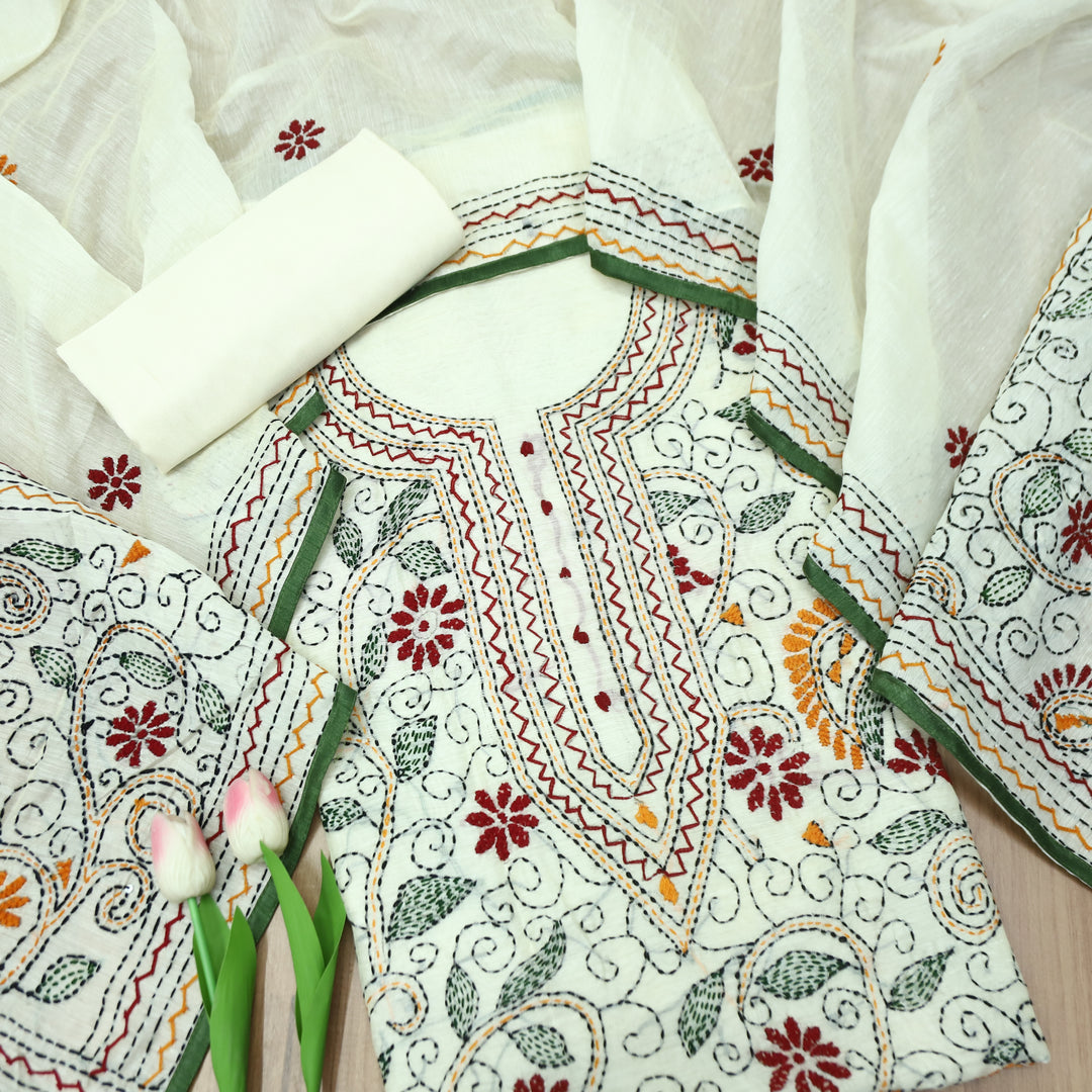Avantika White with Multicolor Kolkata Hand Embroidered Chanderi Set D2
