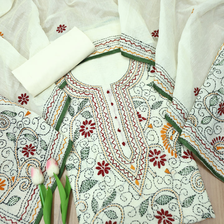 Avantika White with Multicolor Kolkata Hand Embroidered Chanderi Set D2