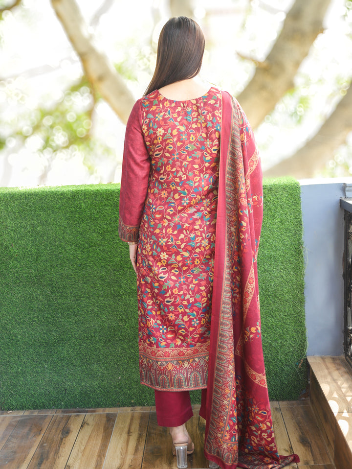 Pratiksha Magenta Pink Round Neck Kashmiri Kanni Print Semi Pashmina 3 Piece Set