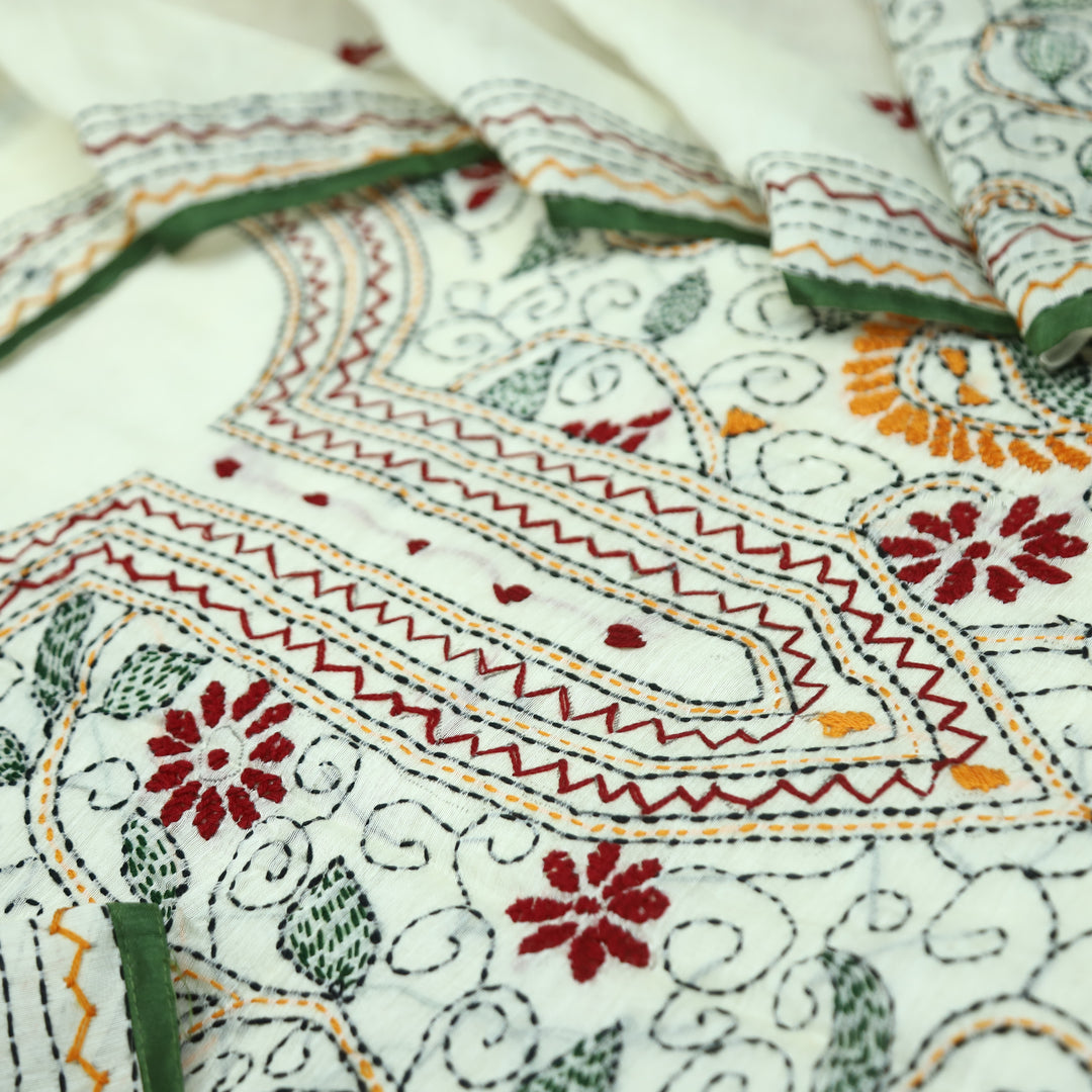 Avantika White with Multicolor Kolkata Hand Embroidered Chanderi Set D2