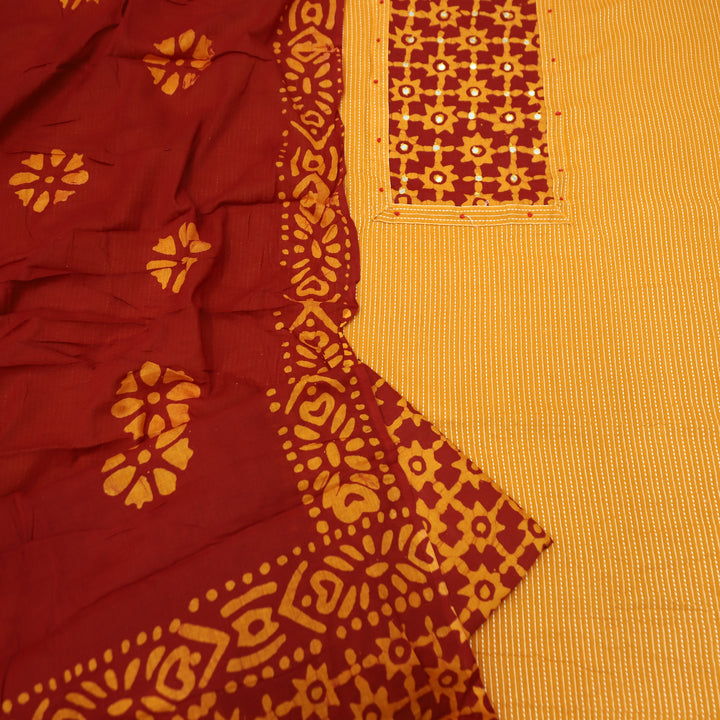 Sambhavi Tang Orange Batik Print with Patra Work Running Stitch Cotton Set D3