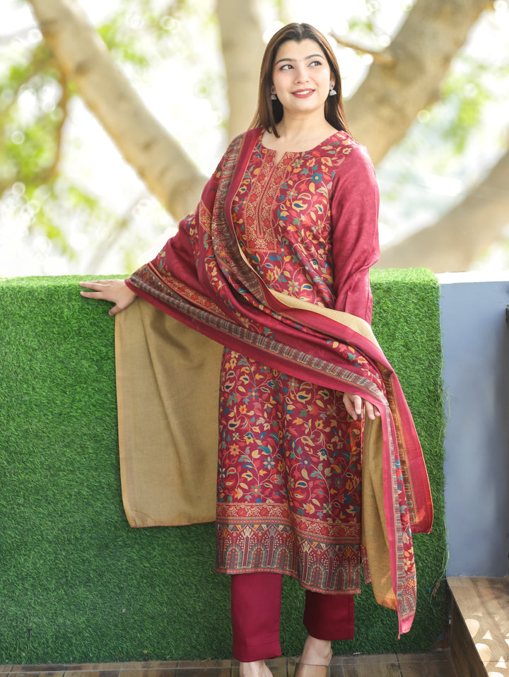 Pratiksha Magenta Pink Round Neck Kashmiri Kanni Print Semi Pashmina 3 Piece Set