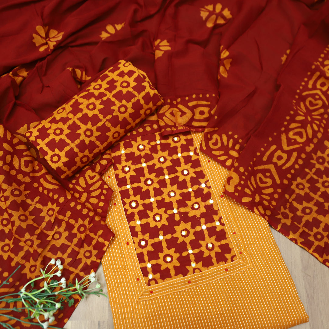Sambhavi Tang Orange Batik Print with Patra Work Running Stitch Cotton Set D3