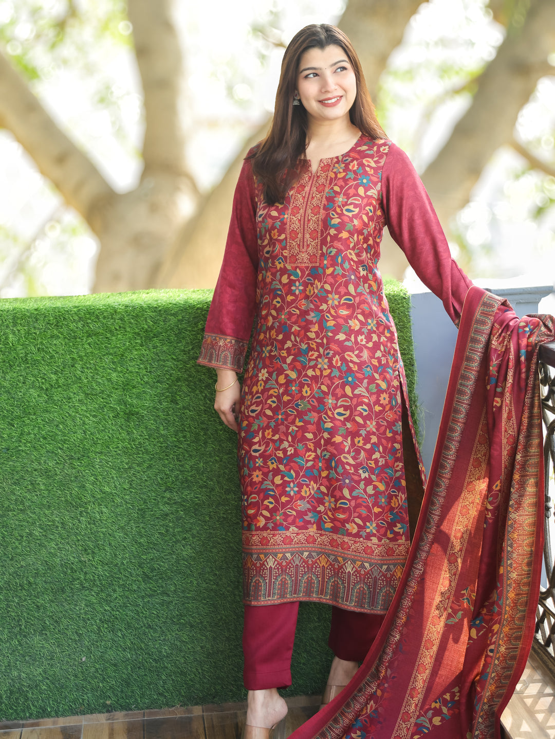 Pratiksha Magenta Pink Round Neck Kashmiri Kanni Print Semi Pashmina 3 Piece Set