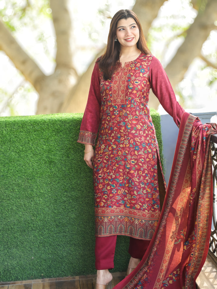 Pratiksha Magenta Pink Round Neck Kashmiri Kanni Print Semi Pashmina 3 Piece Set