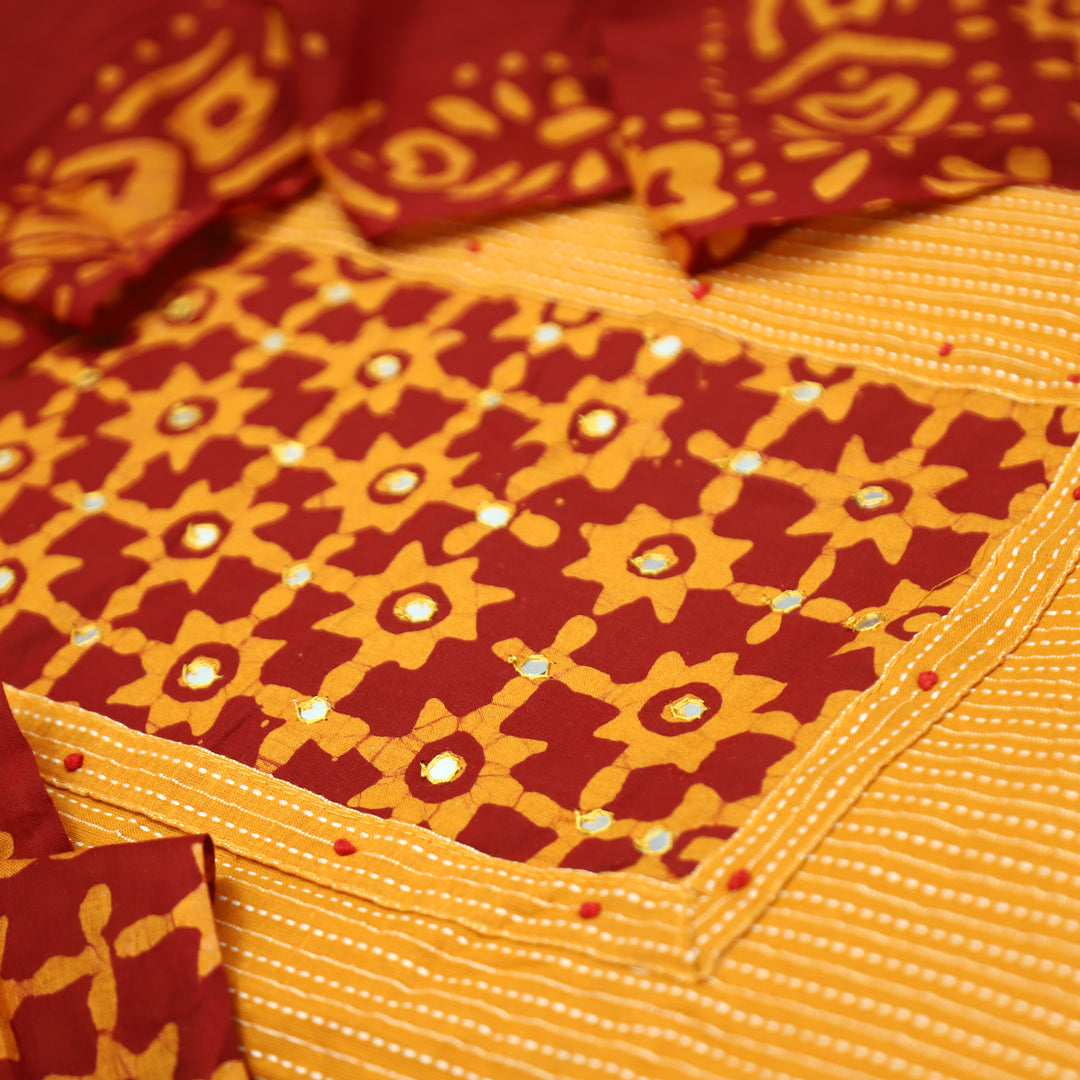 Sambhavi Tang Orange Batik Print with Patra Work Running Stitch Cotton Set D3