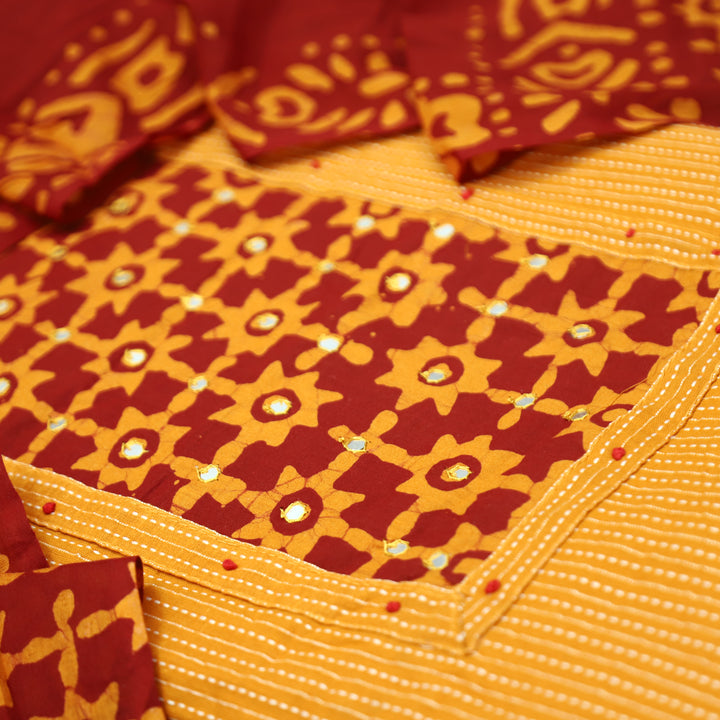 Sambhavi Tang Orange Batik Print with Patra Work Running Stitch Cotton Set D3