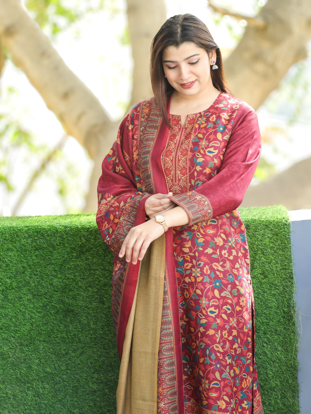 Pratiksha Magenta Pink Round Neck Kashmiri Kanni Print Semi Pashmina 3 Piece Set