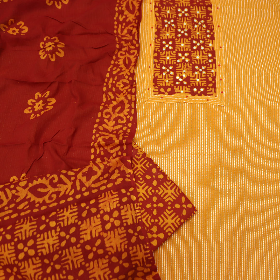Sambhavi Tang Orange Batik Print with Patra Work Running Stitch Cotton Set D2
