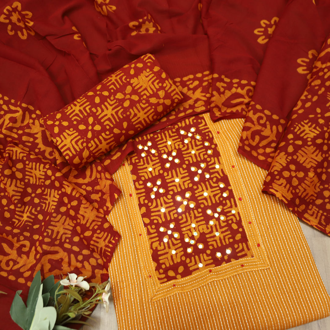 Sambhavi Tang Orange Batik Print with Patra Work Running Stitch Cotton Set D2