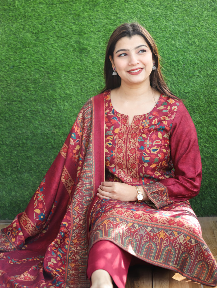 Pratiksha Magenta Pink Round Neck Kashmiri Kanni Print Semi Pashmina 3 Piece Set