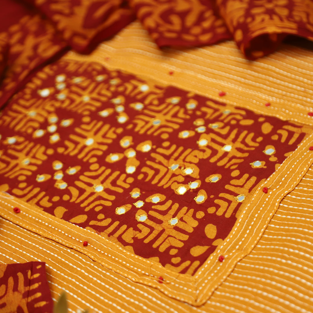 Sambhavi Tang Orange Batik Print with Patra Work Running Stitch Cotton Set D2