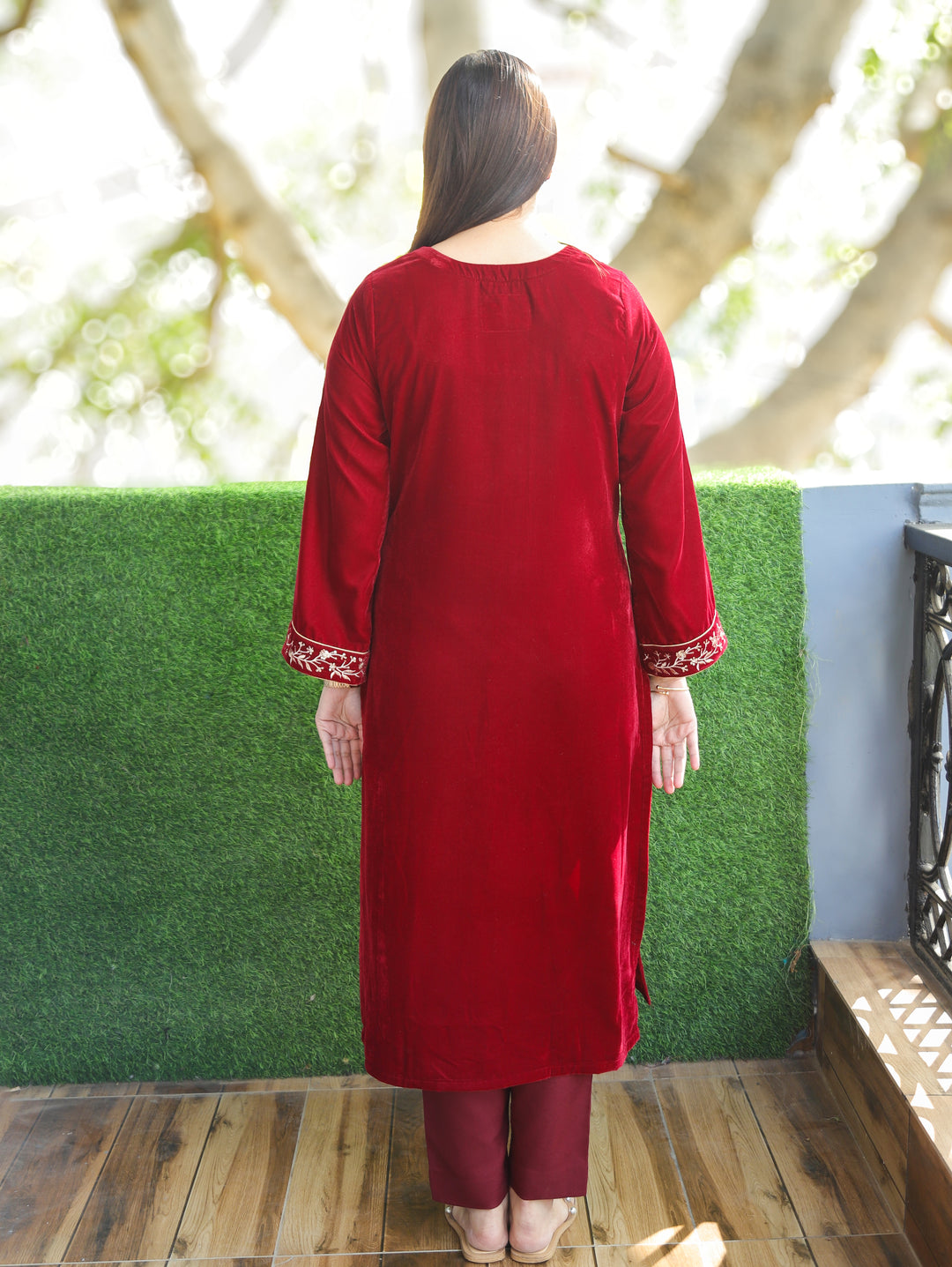 Yakshani Red Round Neck Embroidered Neck and Sleeve Velvet Winter Kurti
