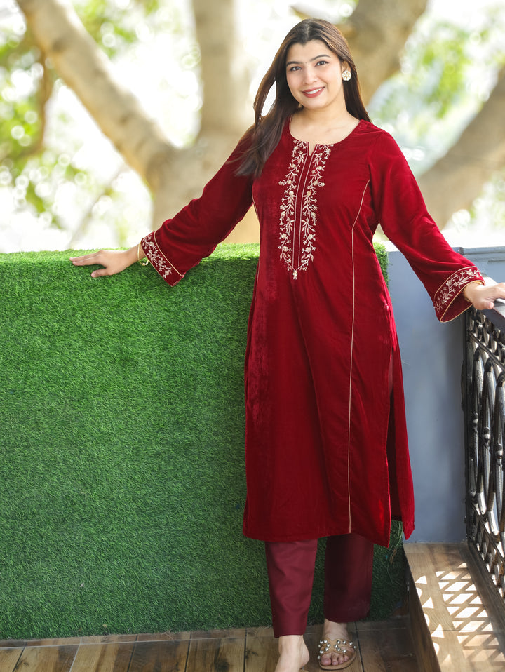 Yakshani Red Round Neck Embroidered Neck and Sleeve Velvet Winter Kurti