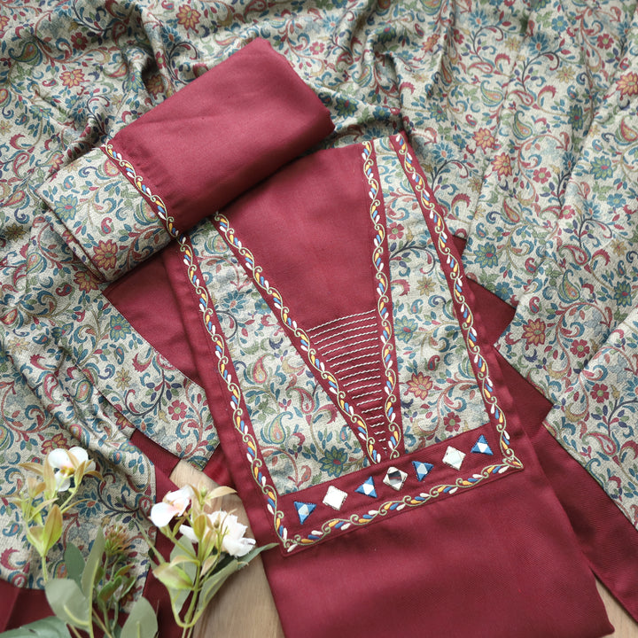Niharika Velvet Maroon Thread with Floral Print Yoke Semi Pashmina Winter Set
