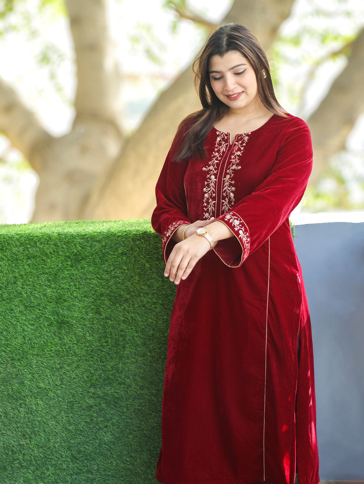 Yakshani Red Round Neck Embroidered Neck and Sleeve Velvet Winter Kurti