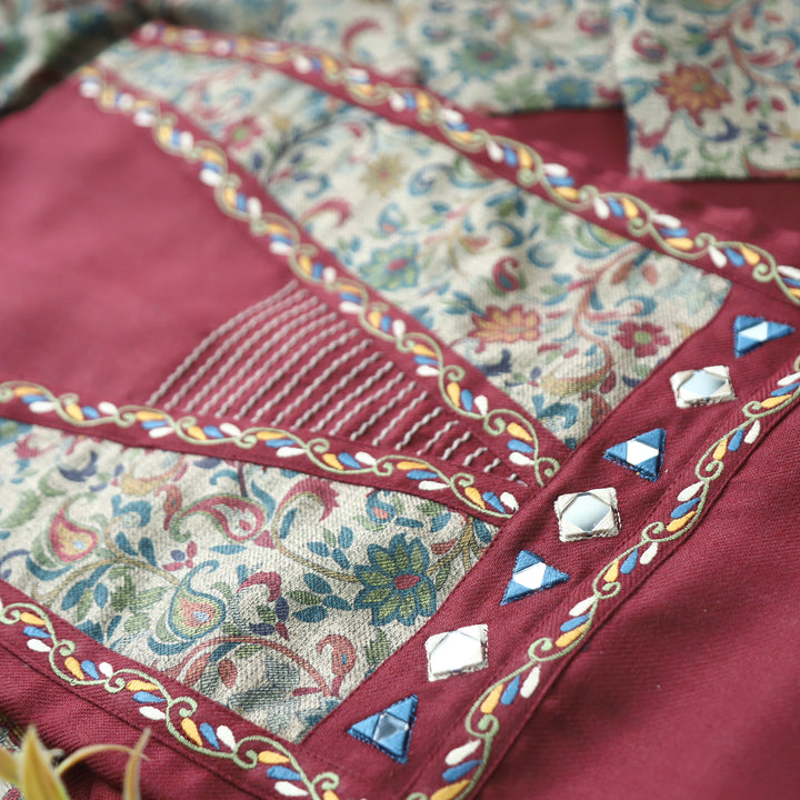 Niharika Velvet Maroon Thread with Floral Print Yoke Semi Pashmina Winter Set