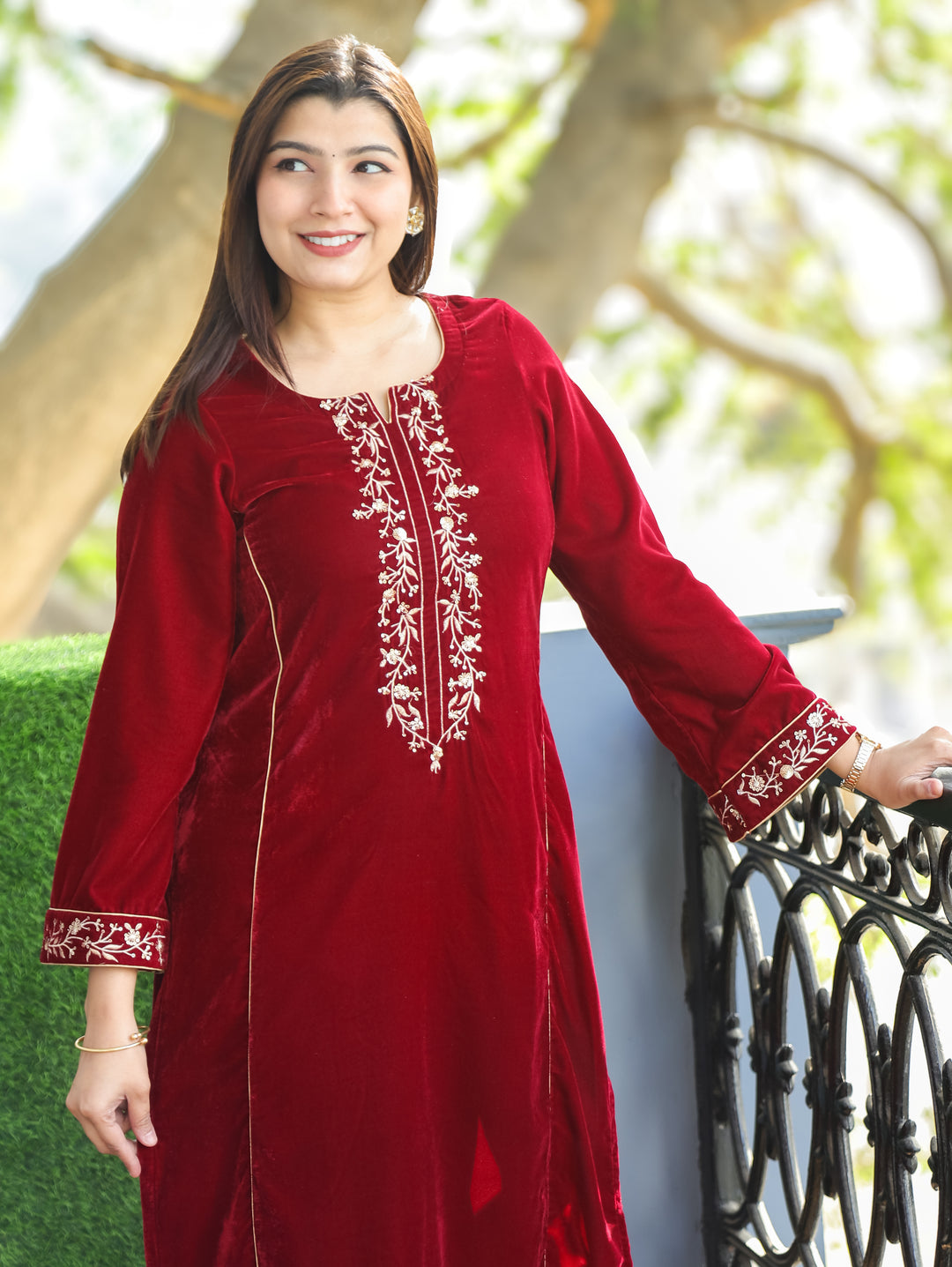 Yakshani Red Round Neck Embroidered Neck and Sleeve Velvet Winter Kurti