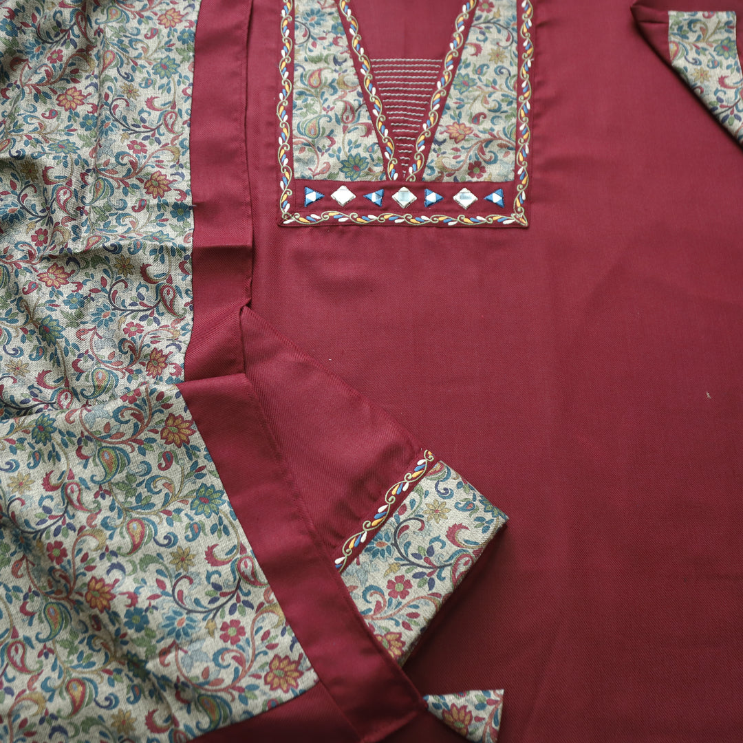 Niharika Velvet Maroon Thread with Floral Print Yoke Semi Pashmina Winter Set