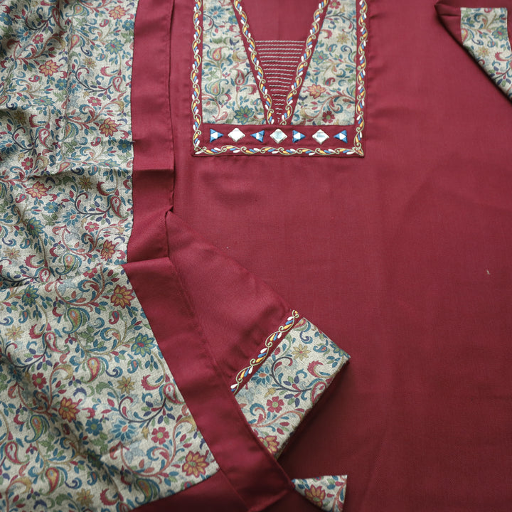 Niharika Velvet Maroon Thread with Floral Print Yoke Semi Pashmina Winter Set