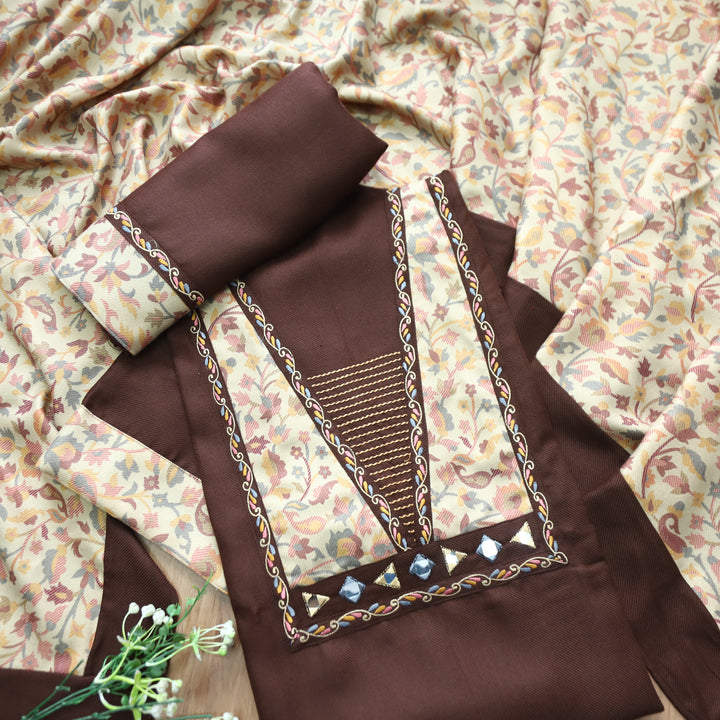 Niharika Choco Brown Thread with Floral Print Yoke Semi Pashmina Winter Set