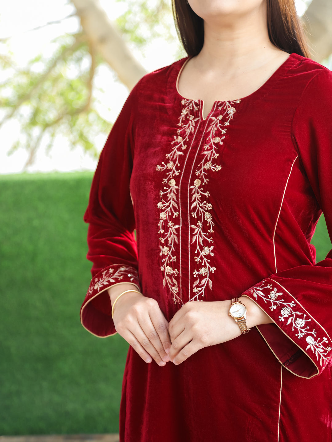 Yakshani Red Round Neck Embroidered Neck and Sleeve Velvet Winter Kurti