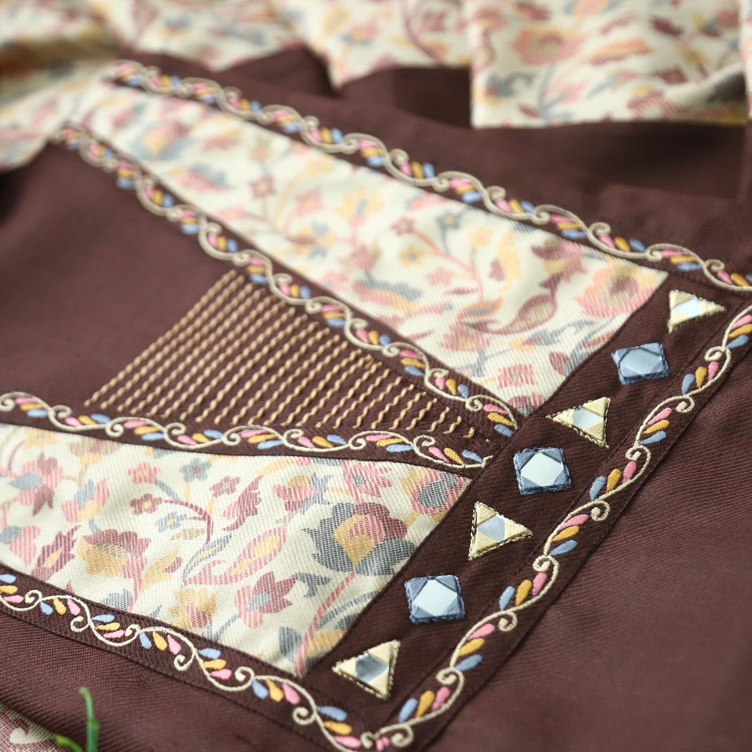Niharika Choco Brown Thread with Floral Print Yoke Semi Pashmina Winter Set