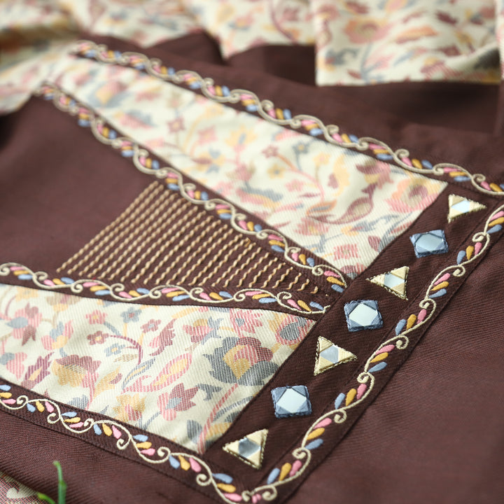 Niharika Choco Brown Thread with Floral Print Yoke Semi Pashmina Winter Set