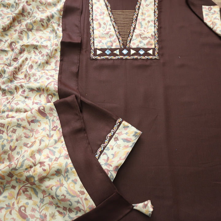 Niharika Choco Brown Thread with Floral Print Yoke Semi Pashmina Winter Set