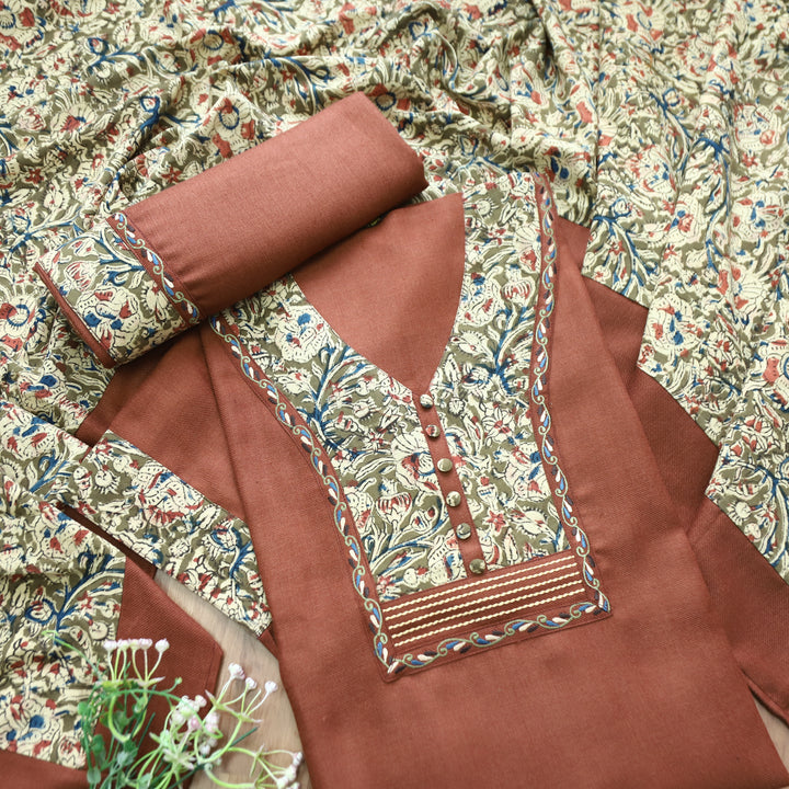 Niharika Brick Brown Thread with Floral Print Yoke Semi Pashmina Winter Set